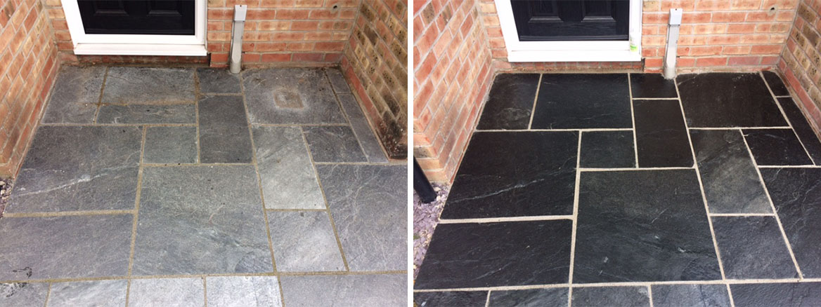 Exterior Slate Patio Paving Tile Renovation in Thatcham