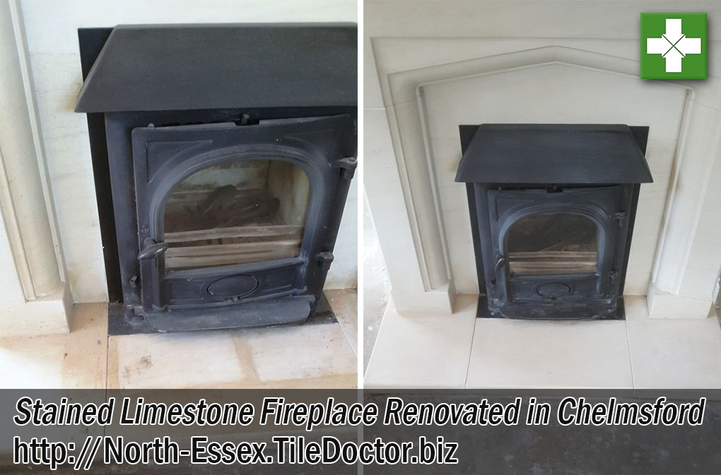 Cleaning a Flood Stained Limestone Fireplace in Chelmsford