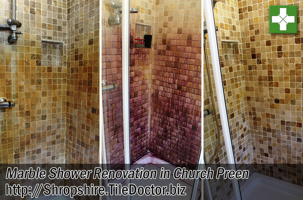 Rust Stained Marble Mosaic Shower Tiles Renovated in Church Preen
