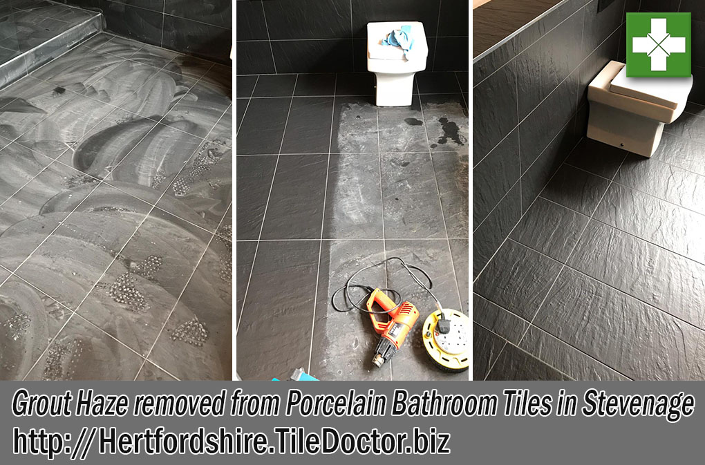 Removing Grout Haze from Black Porcelain Bathroom Tiles, Stevenage