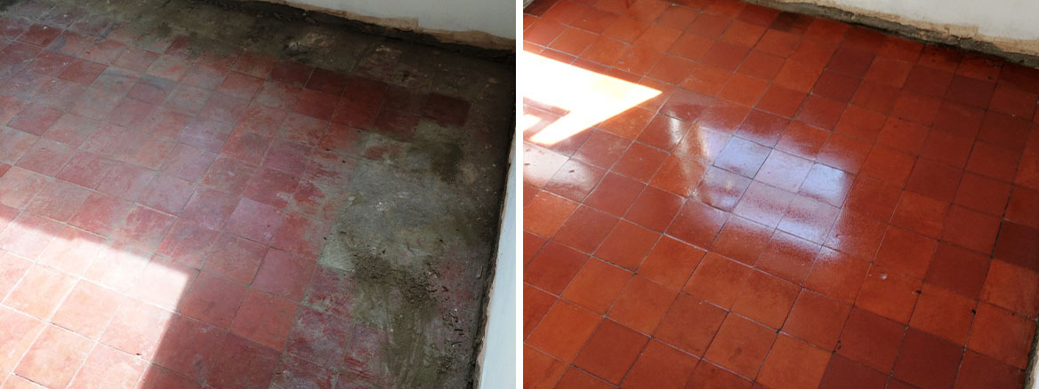 Quarry tiled floor hidden under Ceramic tiles restored in Swindon