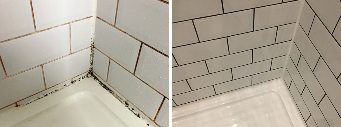 Badly Stained Grout in Porcelain Tiled Shower Cubicle Recoloured in Hove