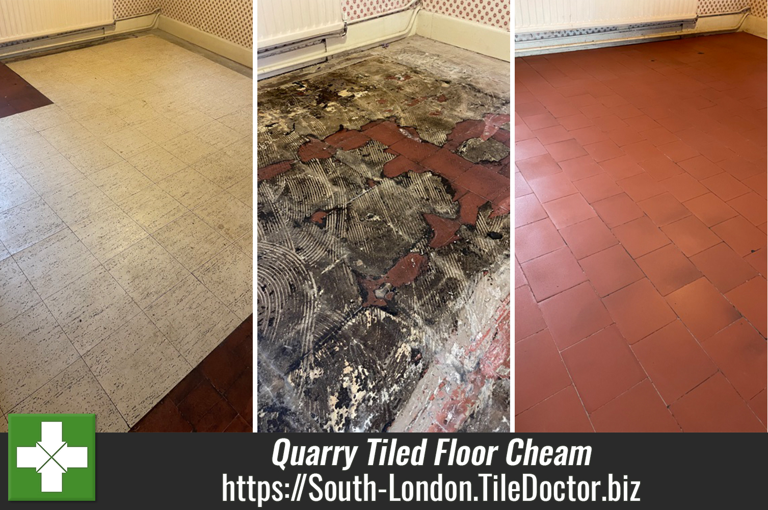 Vinyl Covered Quarry Tiled Floor Restored in Cheam