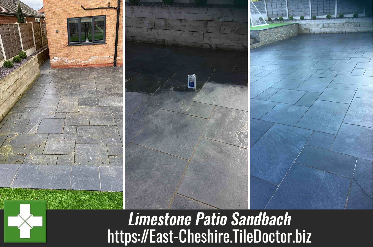 Acid Damaged and Painted Black Limestone Patio Renovated in Sandbach