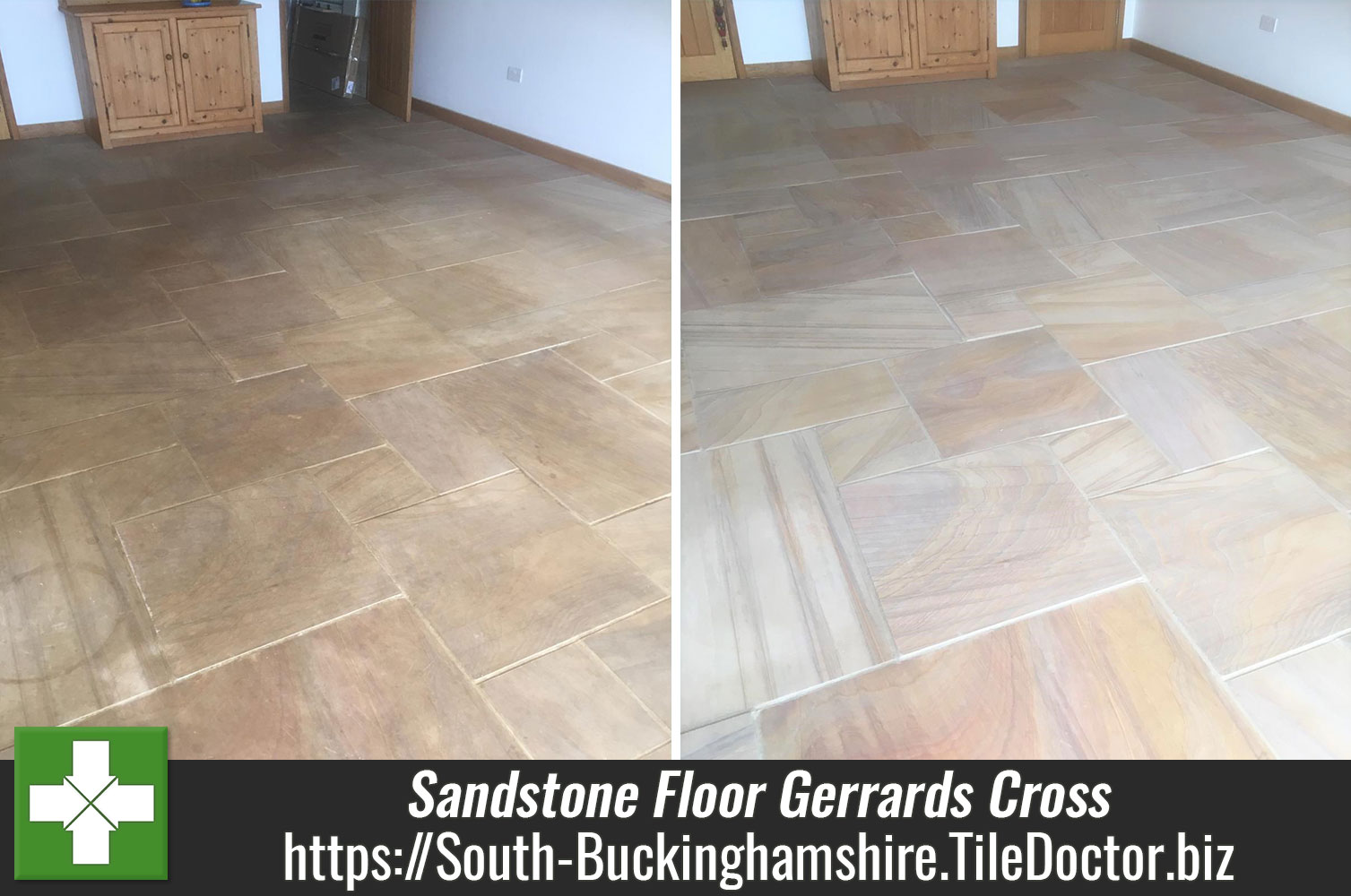 Extracting Years of Dirt from Sandstone Kitchen Flooring with Pro-Clean and Burnishing Pads in Gerrards Cross