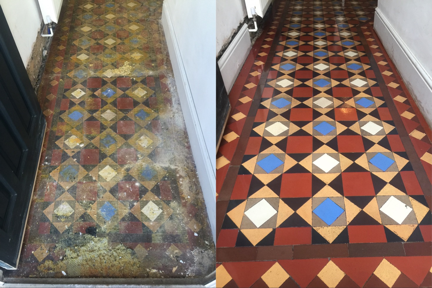 Heavily Soiled Victorian Tiled Hallway Restored in Fulham