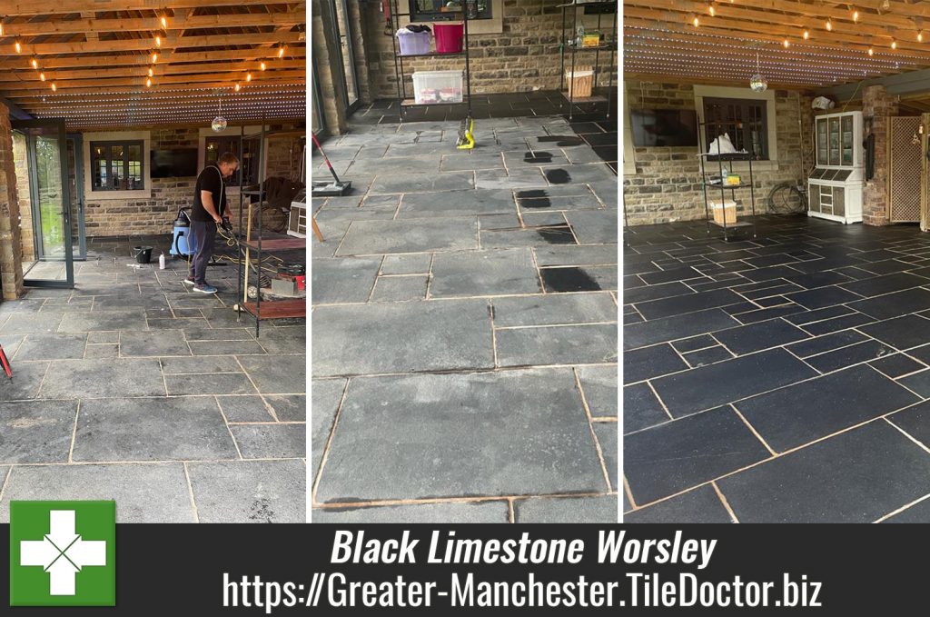 Restoring Colour to Black Limestone Flagstones in Worsley with Tile Doctor XTra Seal Tile