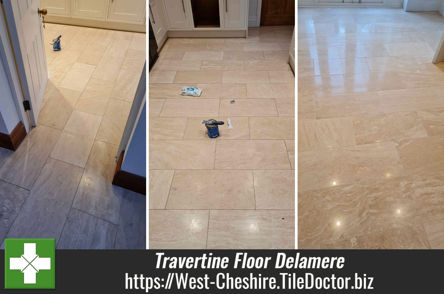 Removing Excess Sealer with a White Buffing Pad on Travertine in Cheshire