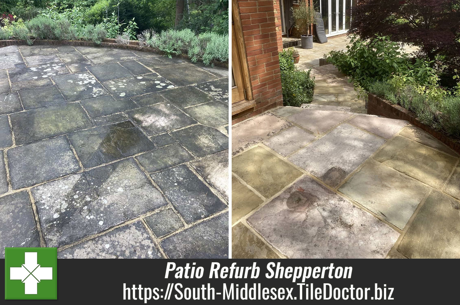 Deep Cleaning a Grubby Yorkstone Patio with Tile Doctor Pro-Clean in Shepperton