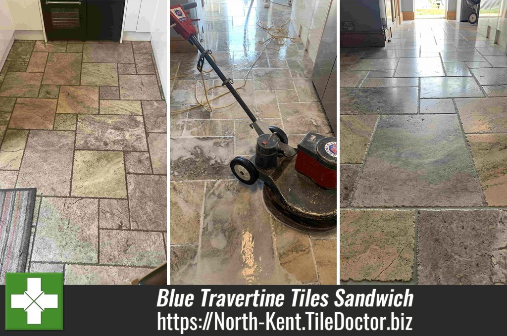 Buffing a Shine onto Blue Travertine Floor Tiles in Kent with a White