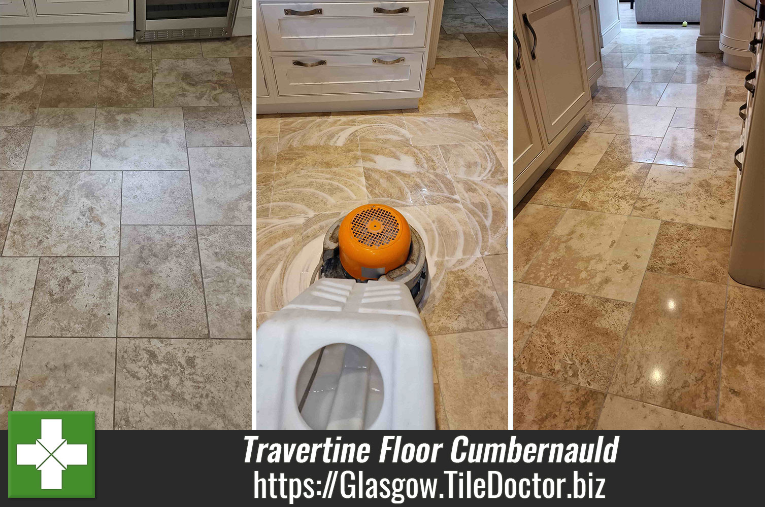 Polishing Travertine Floor Tiles with Burnishing Pads in Cumbernauld