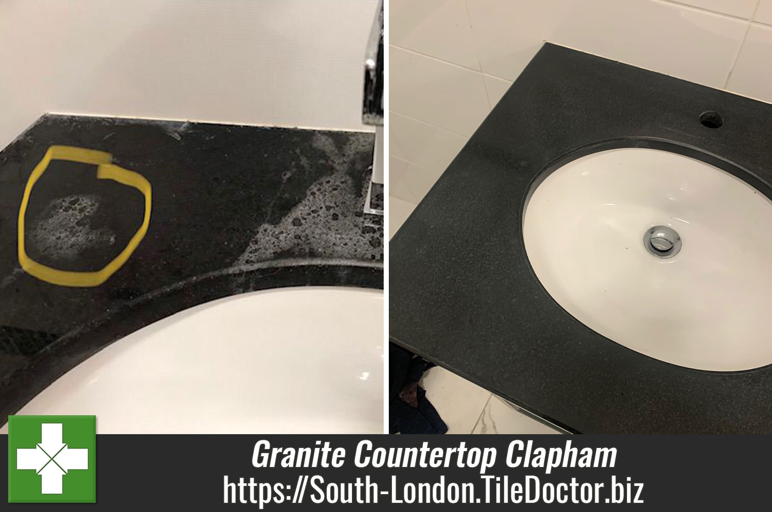 Using Hand Held Burnishing Blocks to Renovate a Black Granite Sink Countertop in South London