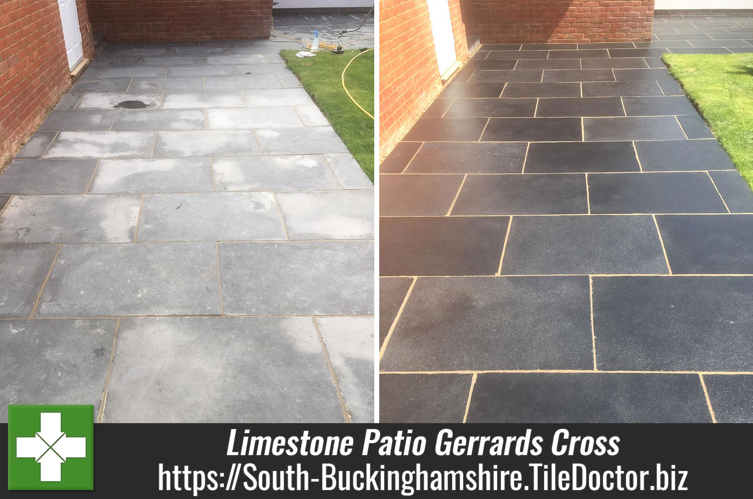 Restoring the Appearance of Black Limestone Flags using Tile Doctor Stone Oil in Gerrards Cross Buckinghamshire