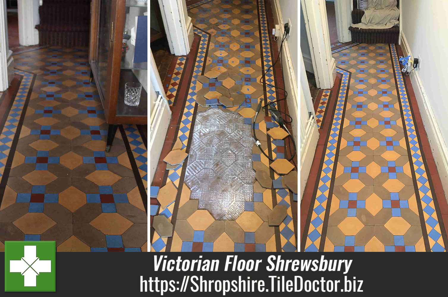 Scrubbing Victorian Tiles Clean with a 17 inch Black Pad in Shropshire