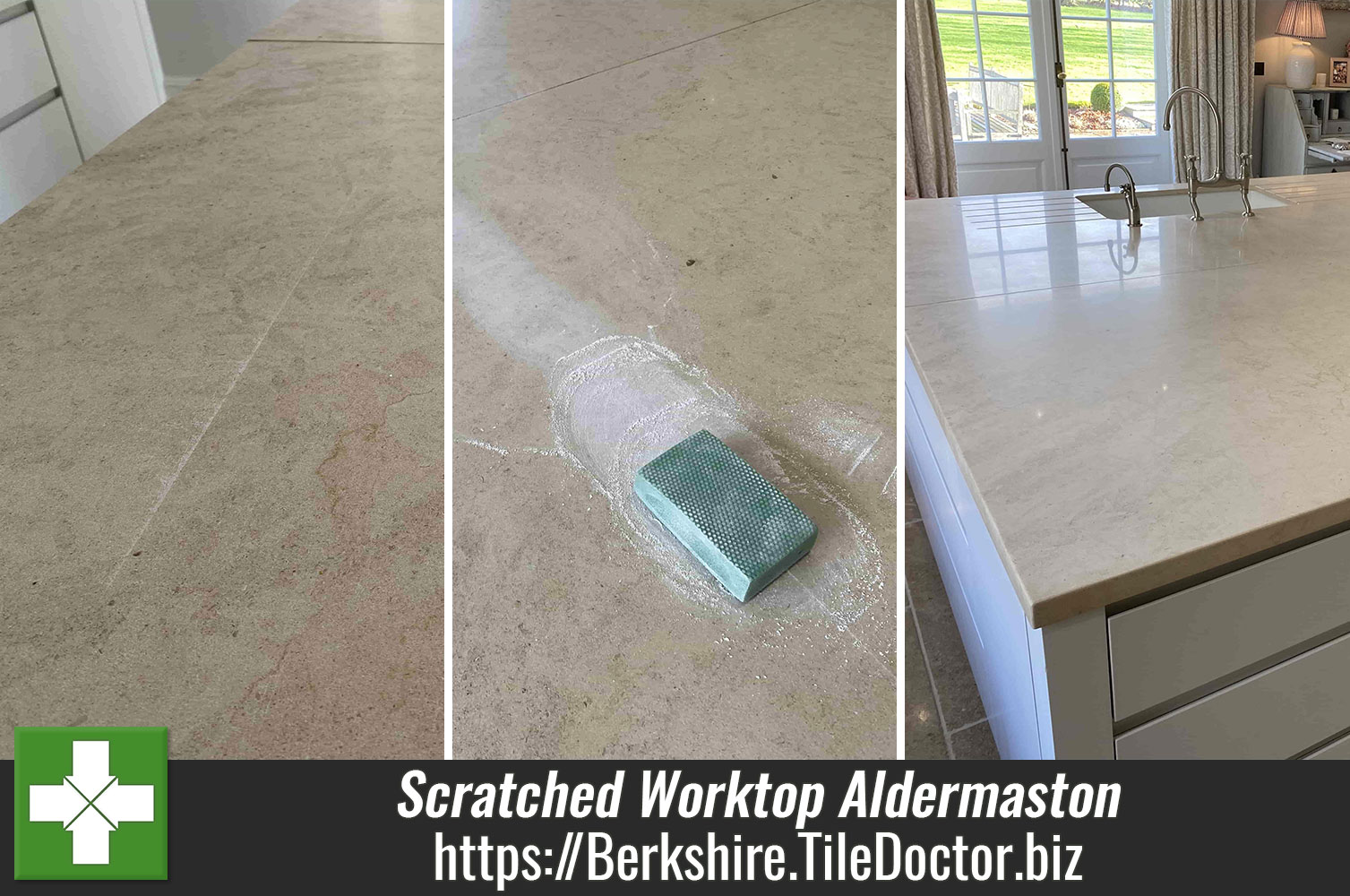 Polishing the Scratches out of a Limestone Worktop with Burnishing Blocks in Aldermaston