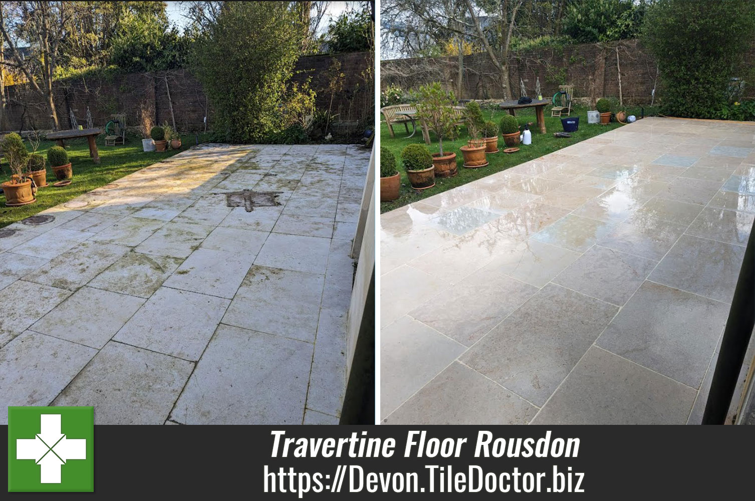 Grubby Travertine Patio Transformed with Tile Doctor Patio and Driveway Cleaner in Devon