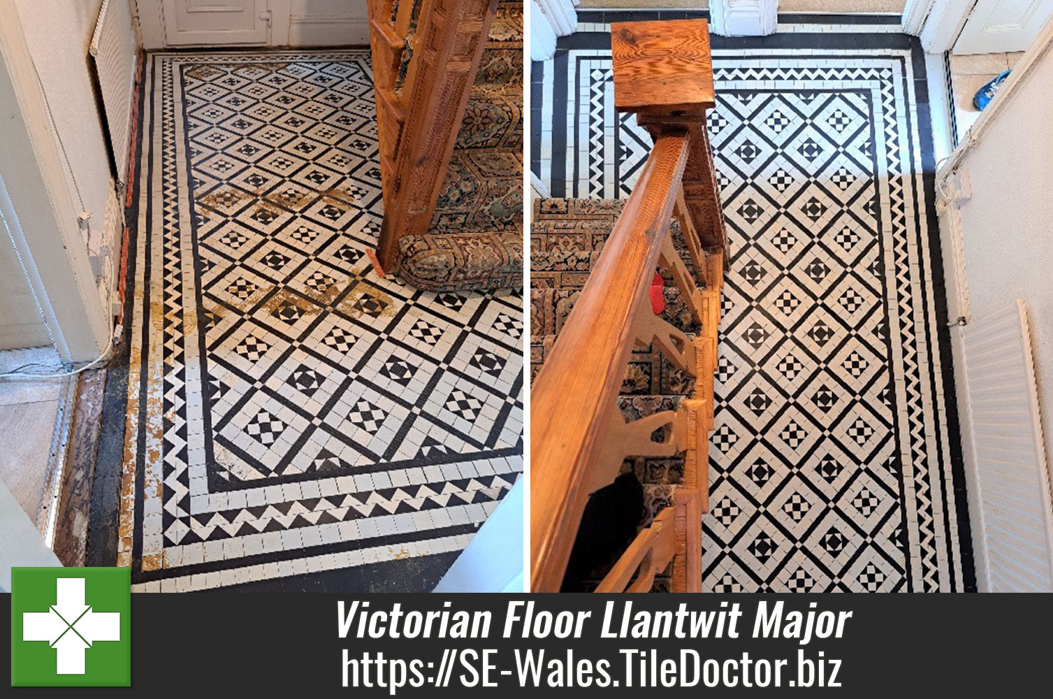 Black and White Geometric Victorian Tiled Hallway Floor After Renovation Llantwit Major