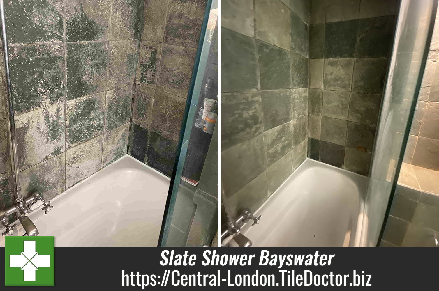 Using Tile Doctor Acid Gel to remove Limescale from Slate Shower Tiles in London