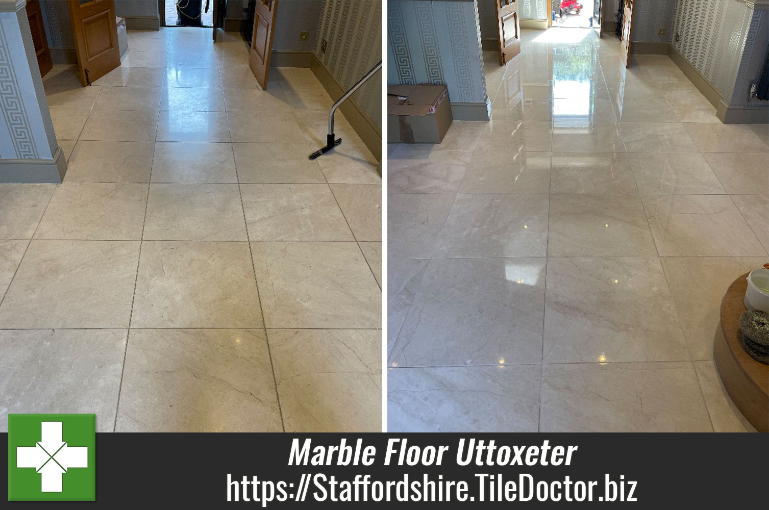 Deep Durable Shine Polished onto Marble Tiles with Tile Doctor Shine Powder in Uttoxeter Staffordshire