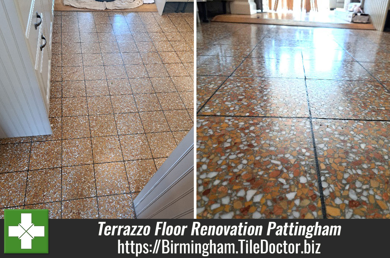 Restoring the Appearance of Terrazzo Tiled Flooring with Tile Doctor Burnishing Pads in Wolverhampton