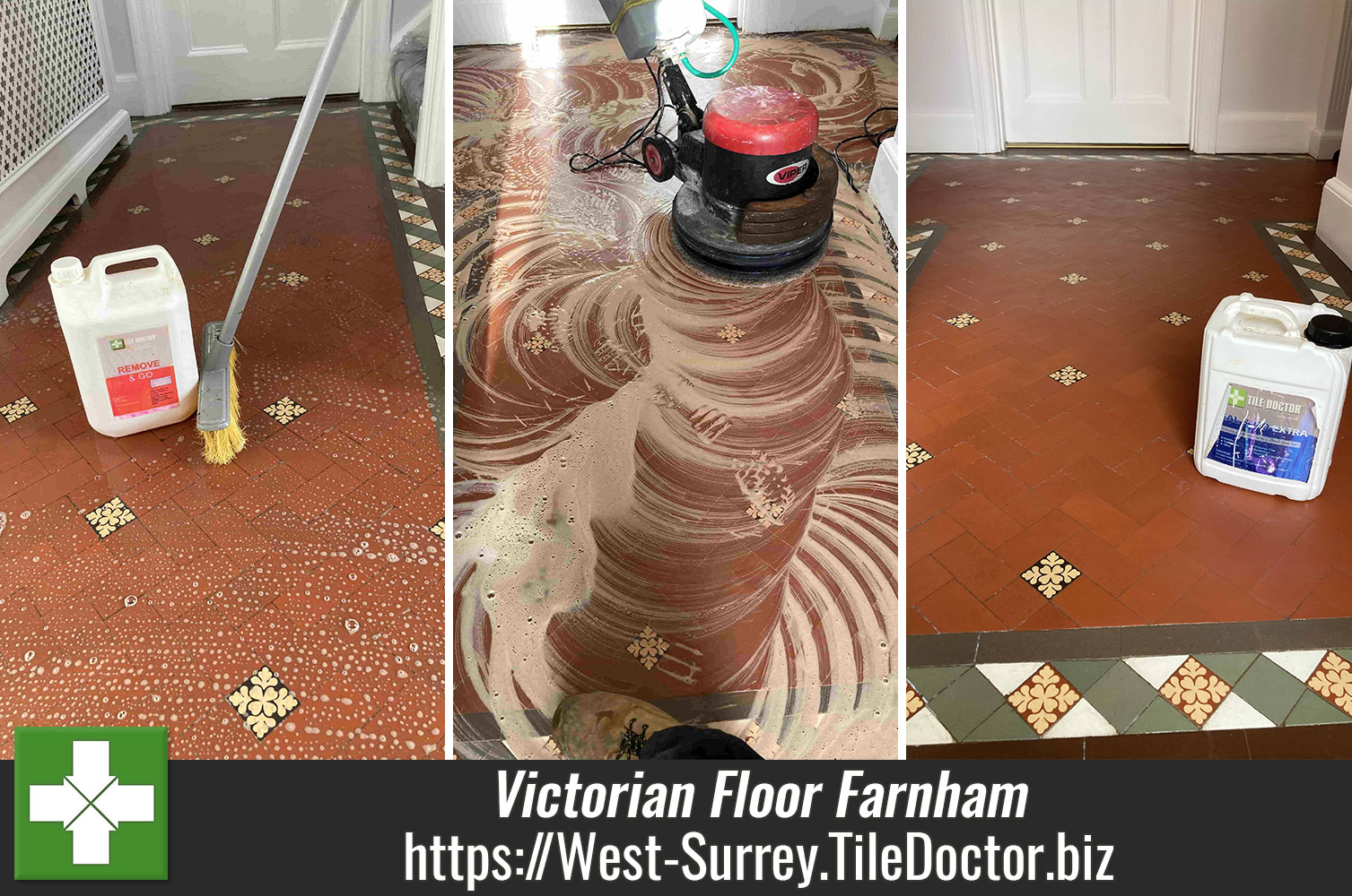 Removing Old Sealers from Victorian Hallway Floor Tiles with Tile Doctor Remove and Go in Farnham Surrey