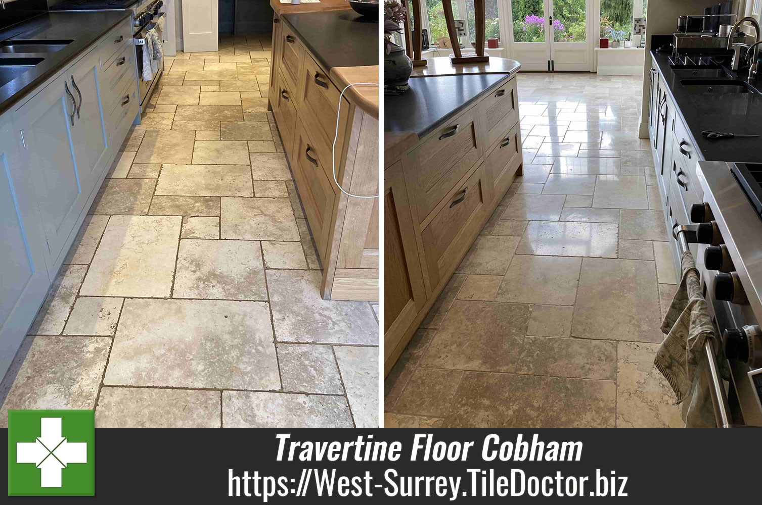 Sealing Travertine Floor Tiles with Tile Doctor Ultra-Seal to achieve a Natural Look in Cobham