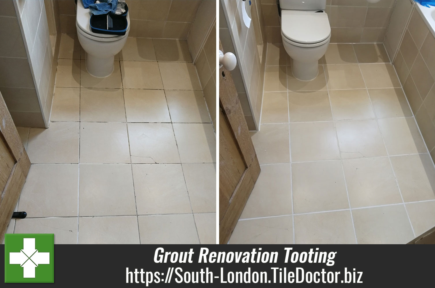 Removing Stained Bathroom Floor Grout with a White Tile Doctor Grout Colourant in Tooting South London