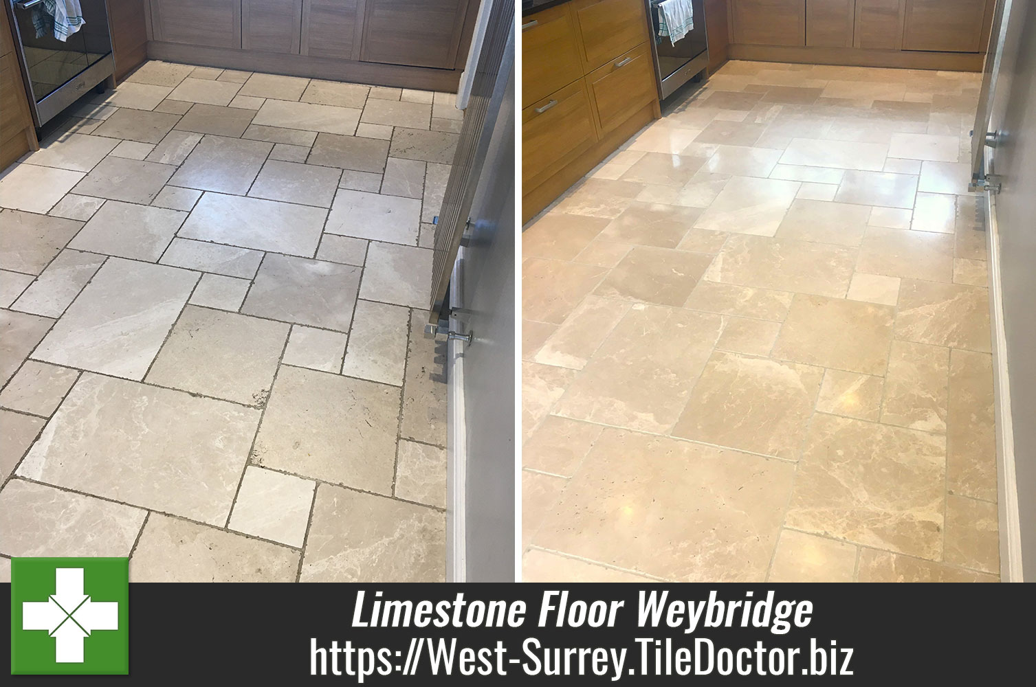 Limestone Kitchen Floor Polished with Tile Doctor Burnishing Pads in Weybridge Surrey
