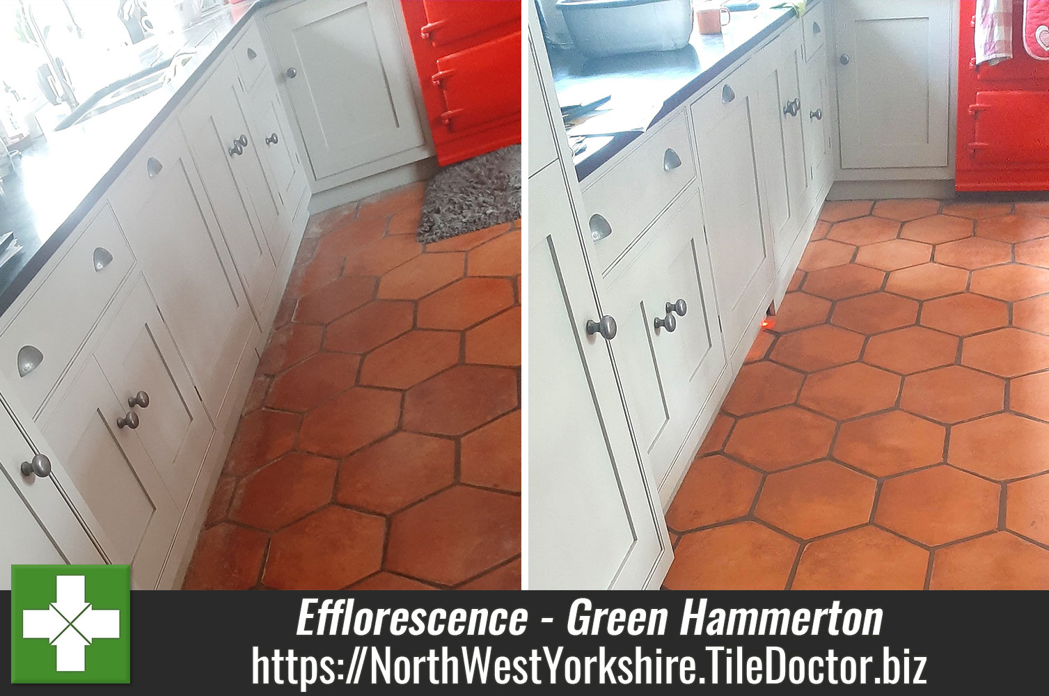 Salt Stained Terracotta Tiled Kitchen Floor Renovated in Green Hammerton York