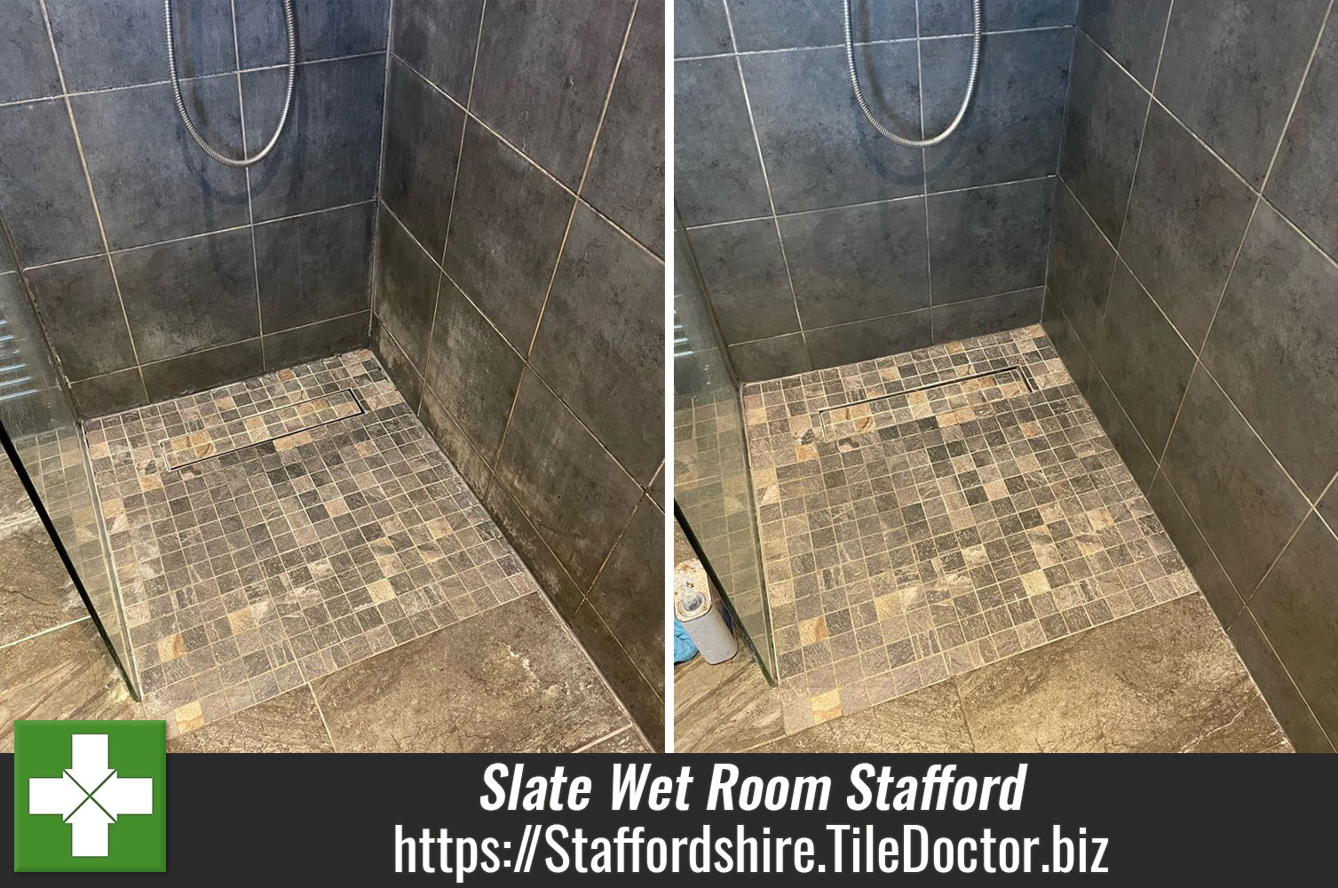 White Staining Removed from a Slate Tiled Wet Room with Tile Doctor Acid Gel in Stafford