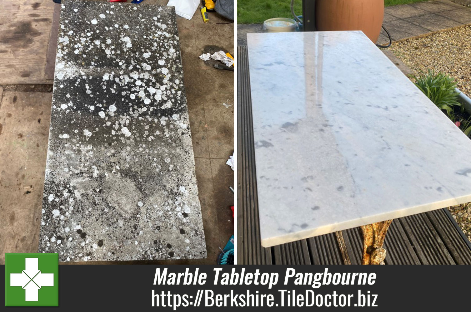 Tile Doctor Patio Cleaner used to Remove Years of Heavy Soiling from a Marble Tabletop in Pangbourne Berkshire
