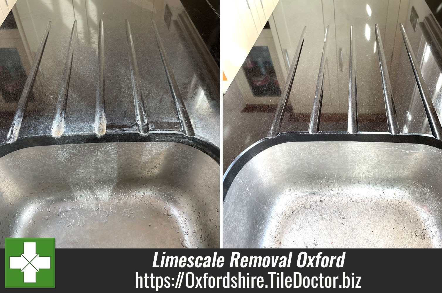 Limescale Stained Granite Worktop Renovated with Tile Doctor Burnishing Pads in Oxford