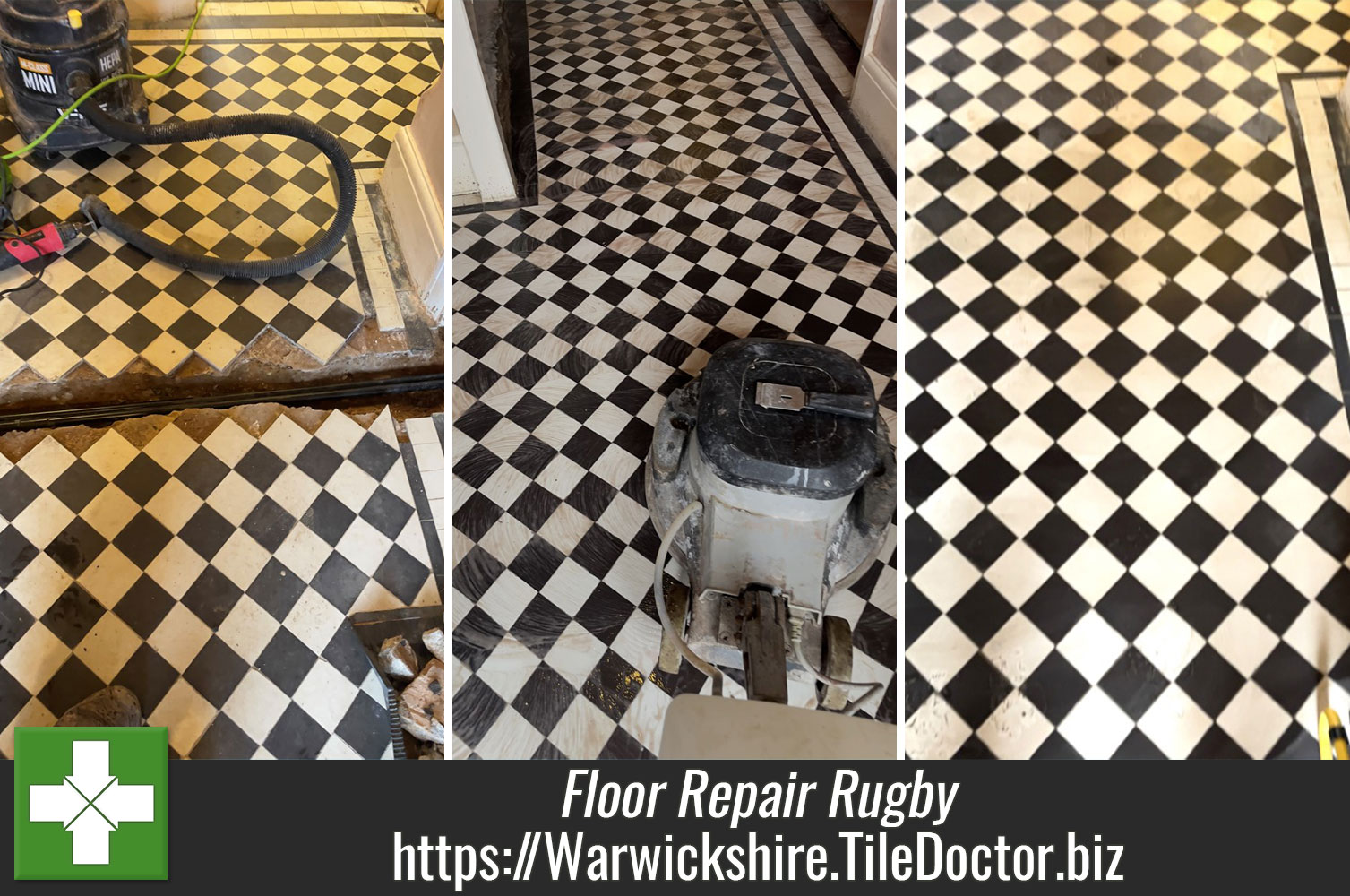 Improving the Contrast on Black and White Victorian Tiles with Tile Doctor Colour Grow in Rugby Warwickshire