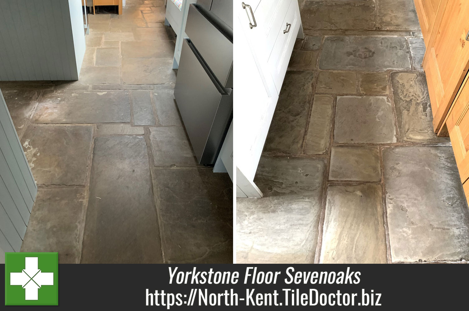 Tile Doctor Diamond Pads Used to Resurface a Neglected Yorkstone Floor in Sevenoaks Kent