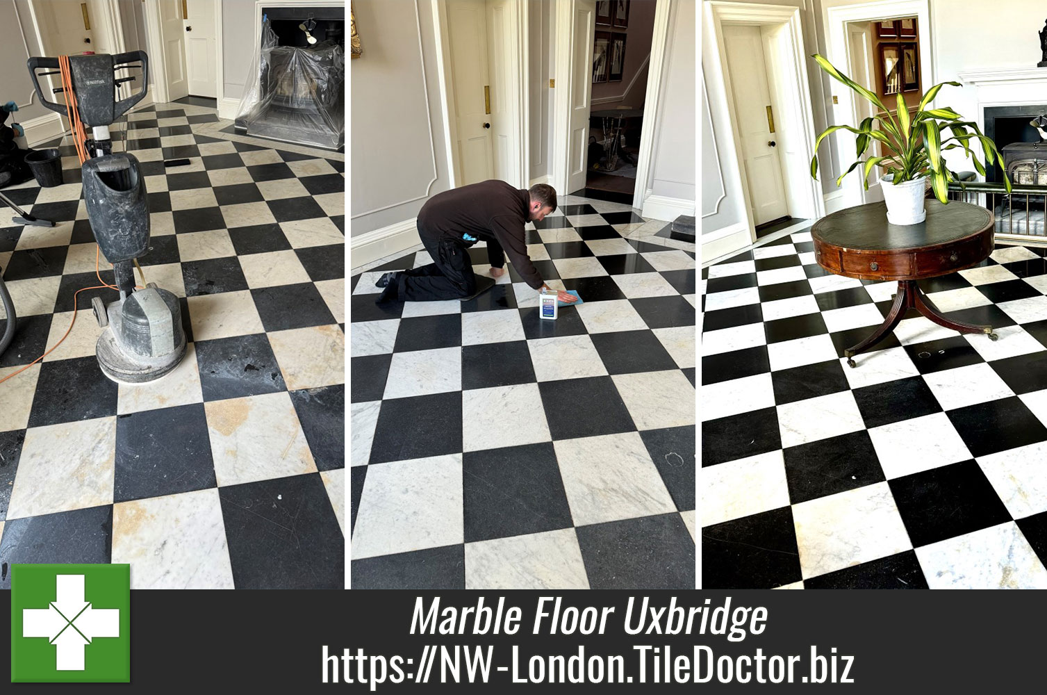 Tile Doctor Colour used to Improve Contrast on a Black and White Chequered Stone Floor in Uxbridge Middlesex