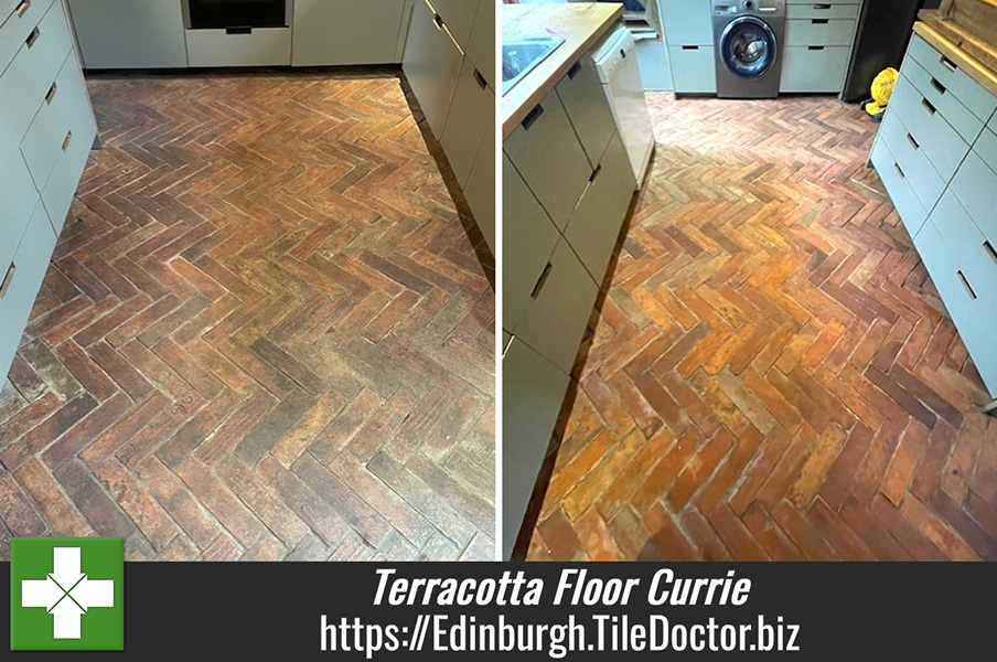 Ingrained Dirt Removed from Reclaimed Terracotta Floor Tile and Grout in Currie Edinburgh with Tile Doctor Pro-Clean