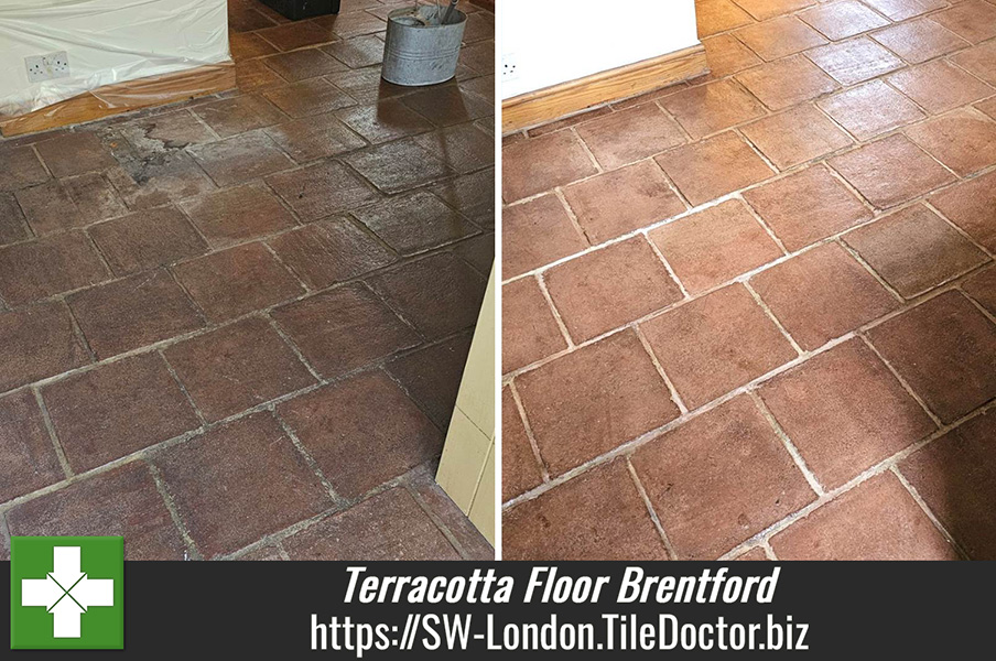 Acid Washing Terracotta Tiled Kitchen Floor with Tile Doctor Acid Gel in in Brentford South London