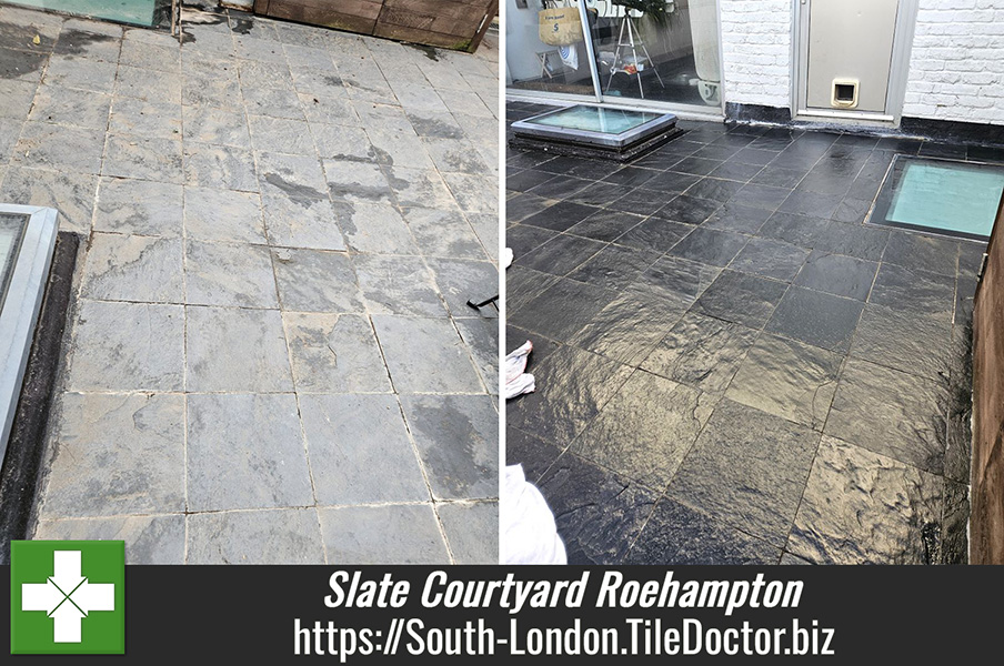 Restoring Colour to Bleached Black Slate with Tile Doctor X-Tra Seal in Roehampton South London