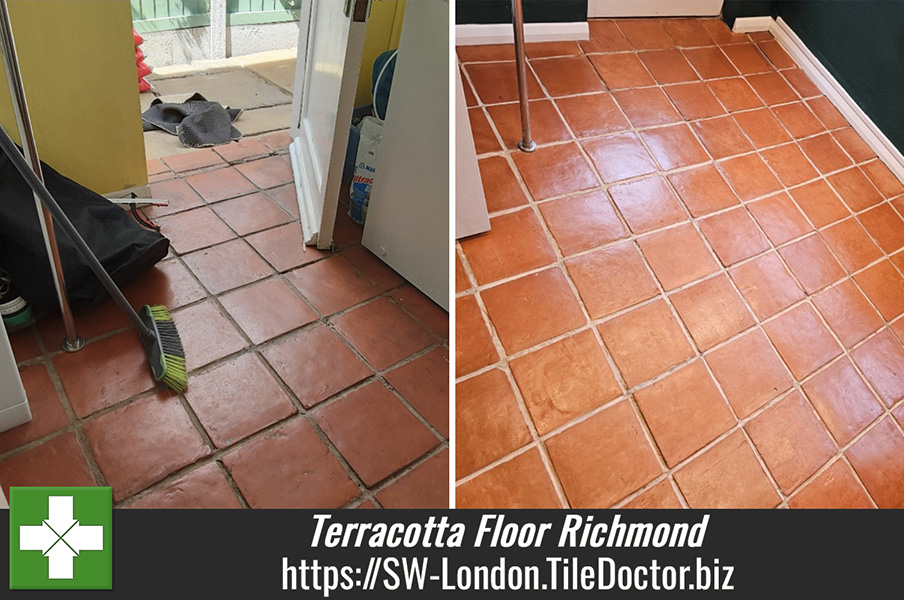 Removing Deep Ingrained Dirt from Terracotta Tiles with Tile Doctor Nanotech HBU Cleaner in Richmond-Upon-Thames