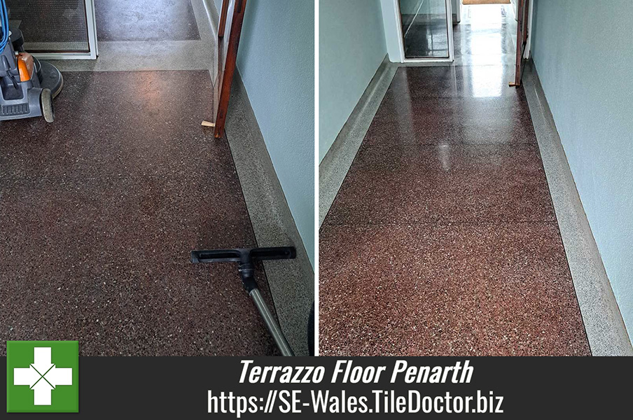 Restoring the appearance of a Terrazzo Hallway using Tile Doctor Burnishing Pads in Penarth