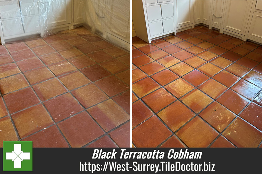 Deep Cleaning Terracotta Tile and Grout with a Silicon Carbide Brush in Cobham Surrey with Tile Doctor Pro-Clean