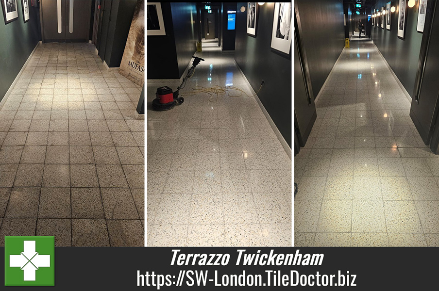 Removing Grout Haze from Commercial Terrazzo Flooring with Tile Doctor Burnishing Pads at a Cinema in Twickenham Middlesex