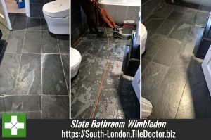 Limescale Stained Slate Tiled Bathroom Floor Renovation Wimbledon